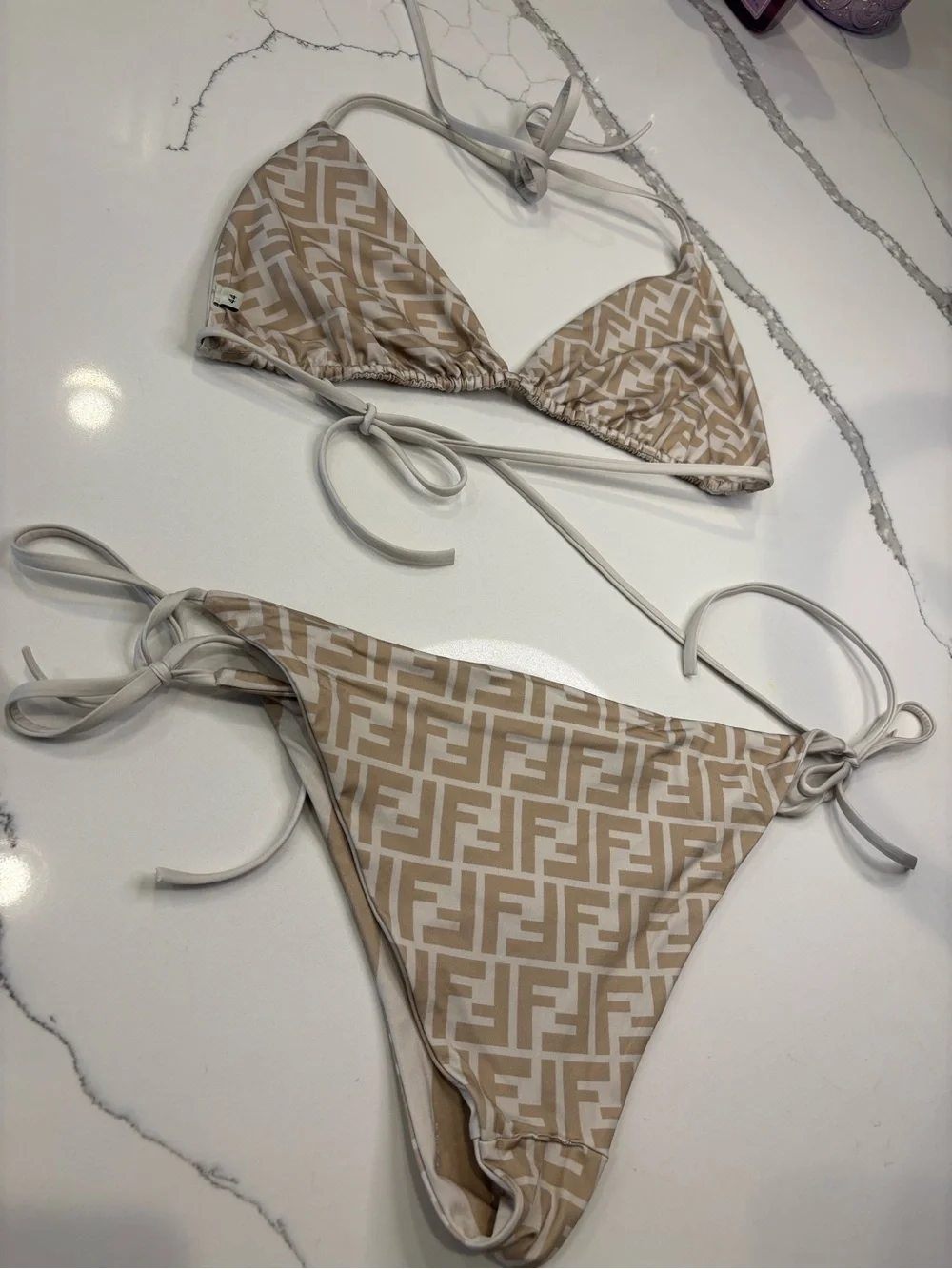 Fendi Beige & Cream REVERSIBLE FF Logo Triangle Bikini Bottom